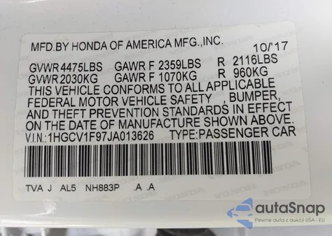 2018 Honda Accord Touring z USA, uszkodzony, nr VIN 1HGCV1F97JA013626